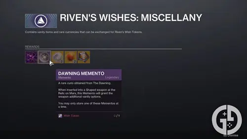 The miscellaneous rewards from Riven's Wishes
