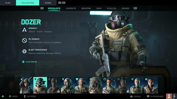 A soldiers called Dozer holds a ballistic shield with his abilities listed on the left of screen.