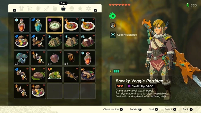 Image shows an in-game menu showcasing Sneaky Veggie Porridge in Zelda: Tears of the Kingdom