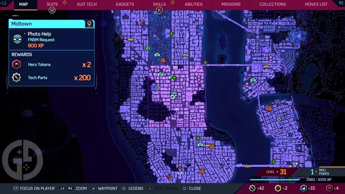 Map location of the Photo Help FNSM Request side mission, which is on the Marvel's Spider-Man 2 missions list