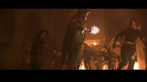 Cayde-6 firing back as he leads civilians away from some attacking Fallen