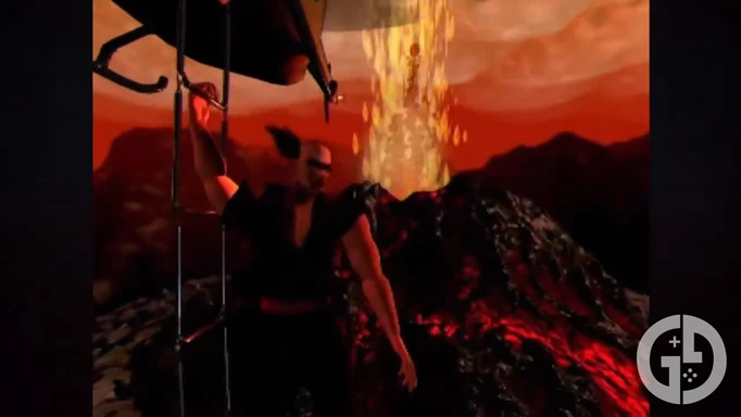 Heihachi on a helicopter ladder after throwing Kazuya in a volcano