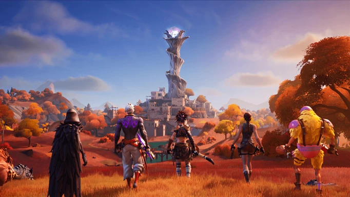 Fortnite's cast of characters walks towards a tower.