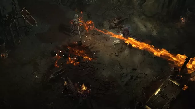 A player using fire to burn monsters in Diablo 4