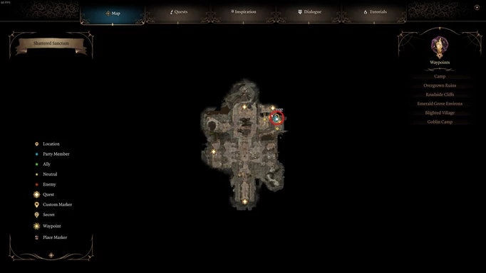 an mage of the Shattered Sanctum map showing the Halsin location in Baldur's Gate 3