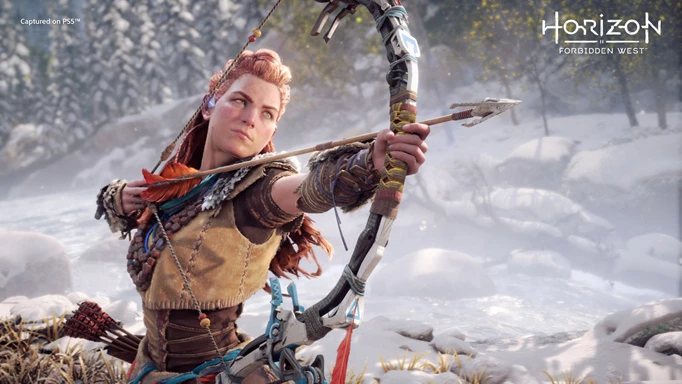 Aloy holding a bow and arrow in key art for Horizon Forbidden West