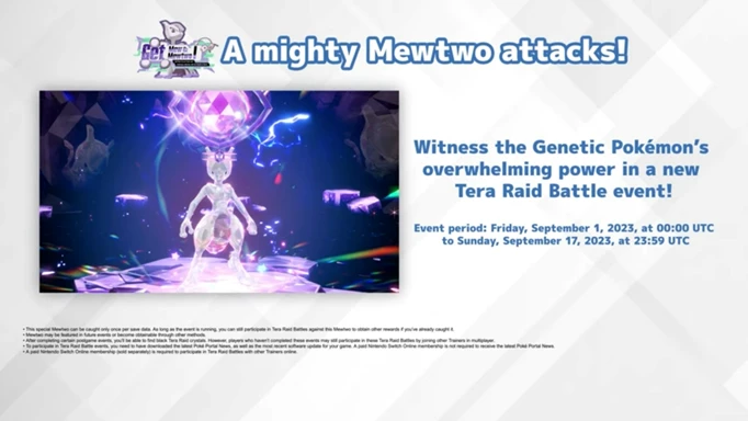 The dates and times for the 7-Star Mewtwo Tera Raid in Pokemon Scarlet & Violet