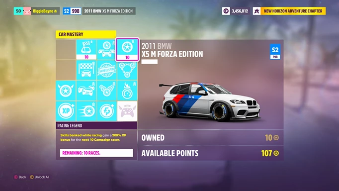 A skill upgrade tree for the 2011 BMW X5 M Forza Edition