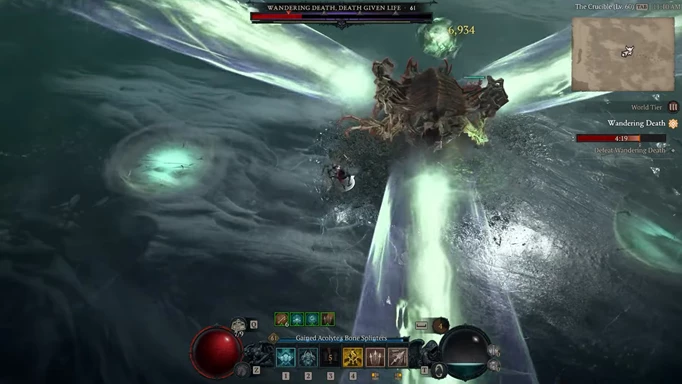A gameplay screenshot of a Necromancer fighting Wandering Death in Diablo 4