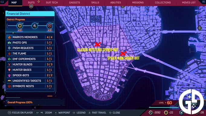 The Financial District map of Spider-Bot locations in Spider-Man 2