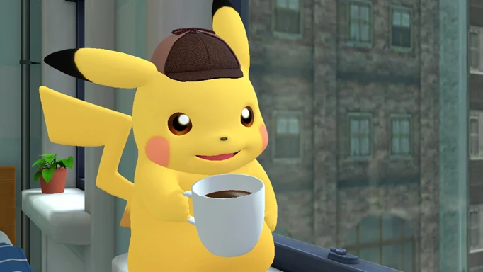 Detective Pikachu with his cup of coffee in Detective Pikachu Returns.