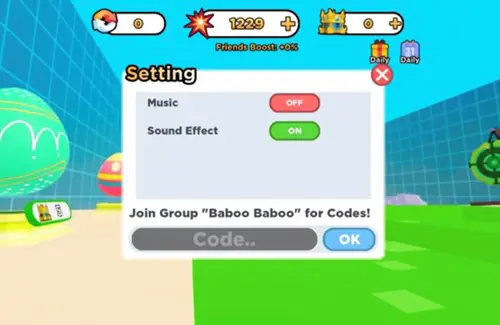A settings menu from Roblox Bomb Click Mine showing how to redeem a code