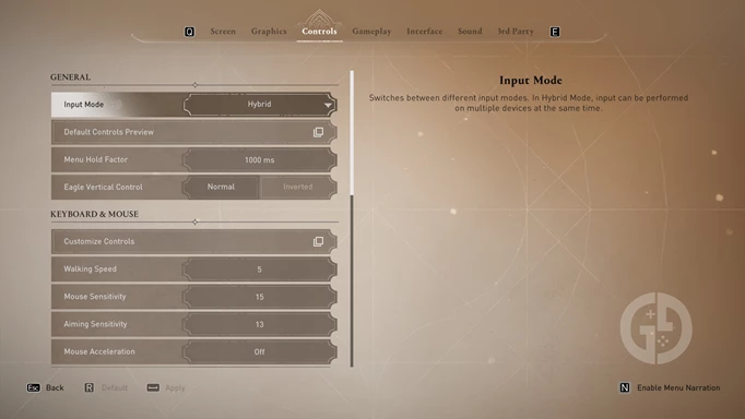 an image showing how to enable Hybrid Input Mode on AC Mirage