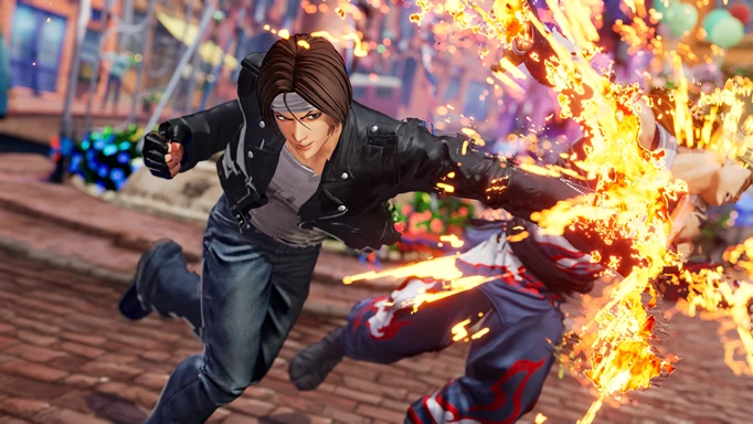 King of Fighters XV: Kyo delivering a fiery punch