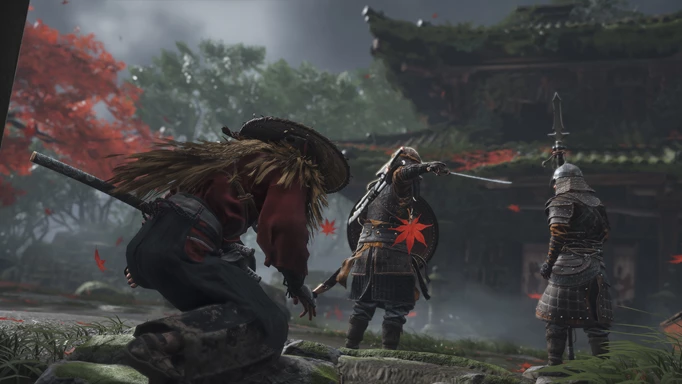 Key art showing Jin crouched behind two foes in Ghosts of Tsushima