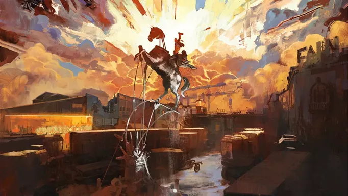 Concept art for Disco Elysium, spotlighting the statue in the centre of the town square.
