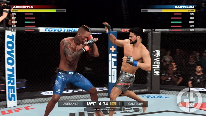 Israel Adesanya blocking an incoming kick from Kelvin Gastelum in UFC 5