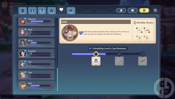 Screenshot of Zeki's friendship meter in Palia