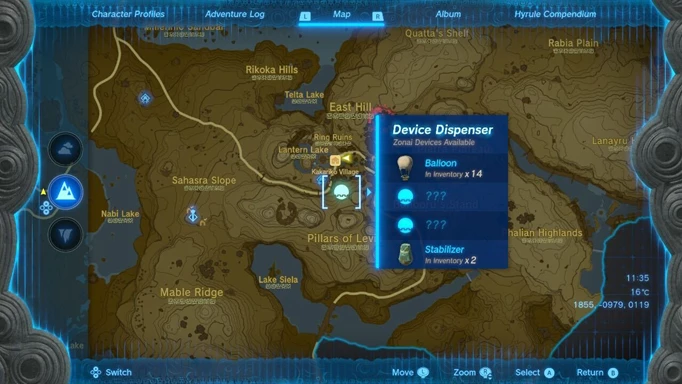A map showing the location of the Zonai Dispenser in Kakariko Village from Zelda: Tears of the Kingdom. The map also shows the items that can be received from the Dispenser.