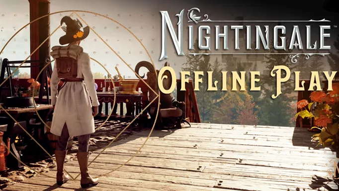 A graphic for Nightingale offline play showing a player character looking towards the horizon