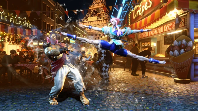 Image shows Manon dancing and kicking Ryu in Street Fighter 6