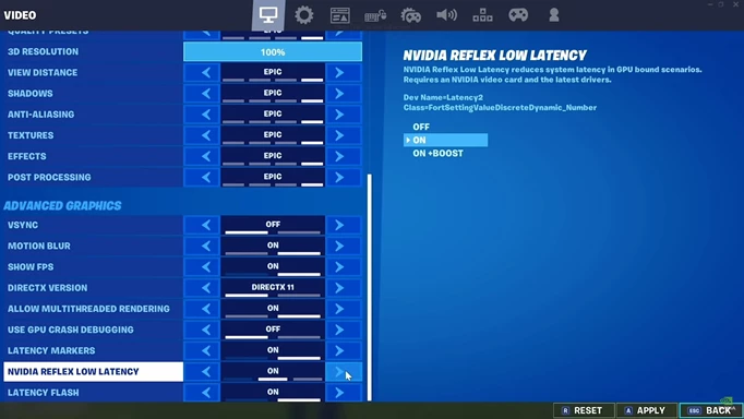 an image of the NVIDIA Reflex enable option in Fortnite