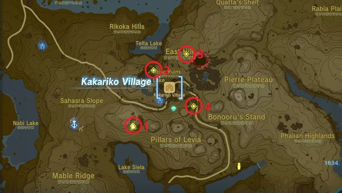 Screenshot showing the TOTK Kakariko Village Ring Ruins map locations