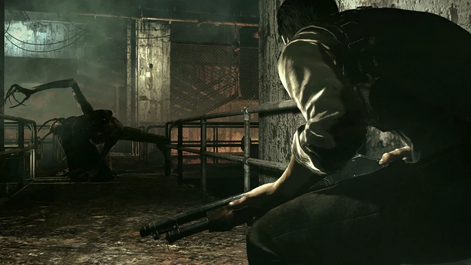 Screenshot from PS Plus April 2023 game The Evil Within where Sebastian is crouching in front of a monster