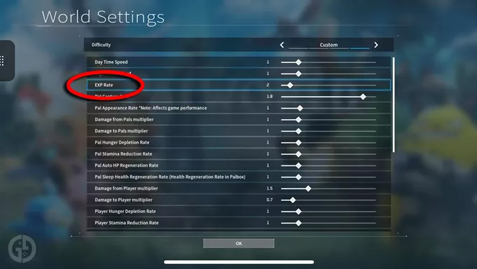 The EXP Rate option in Palworld's World Settings