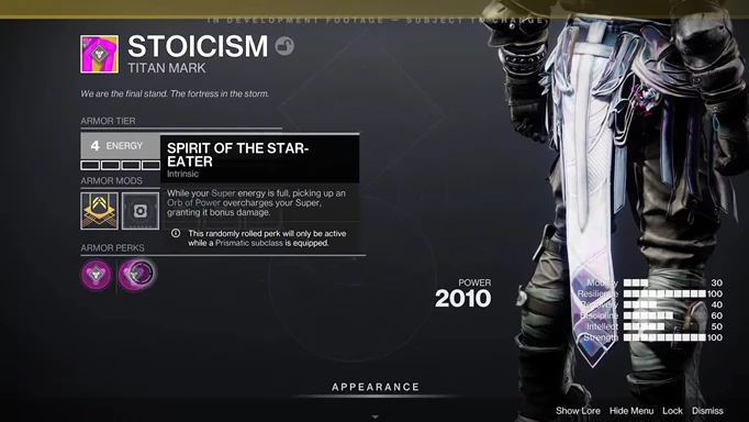 The item page for the Stoicism exotic Titan mark in Destiny 2