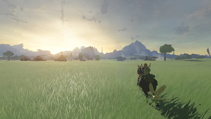Link riding a horse into the horizon in Tears of the Kingdom.