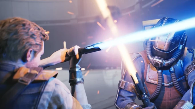 Star Wars Jedi Survivor screenshot showing Cal in a lightsaber duel
