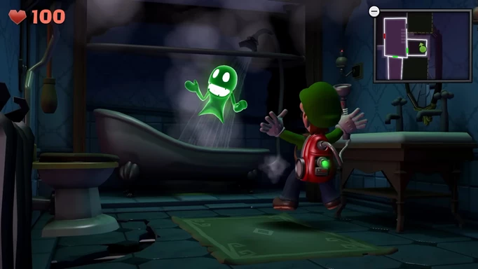 Luigi finding a ghost in a shower in Luigi's Mansion 2
