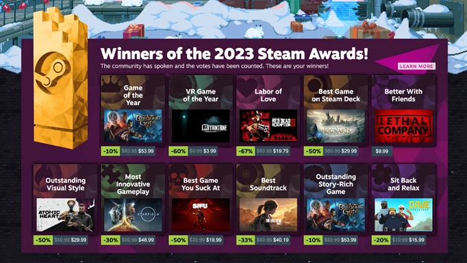The winners of the 2023 Steam Awards, featuring Starfield as the recipient of the Most Innovative Gameplay award.