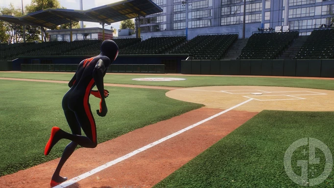 Miles Morales running the bases to get the trophy at Big Apple Ballers Stadium in Spider-Man 2