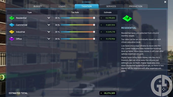 Image of the taxes screen in Cities Skylines 2