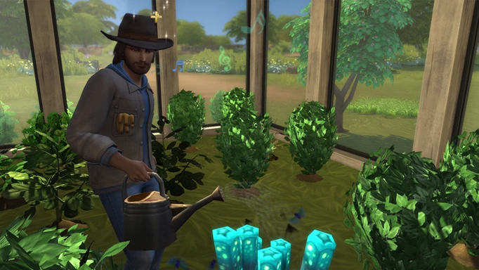 A sim gardening in The Sims 4 Horse Ranch