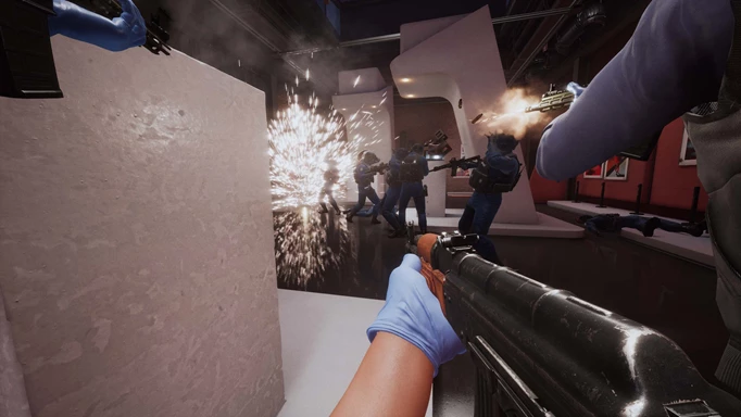 First person screenshot shooting an AK-47 in an Art Museum in PAYDAY 3