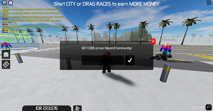 The code redemption screen in Moto Trackday Project for Roblox
