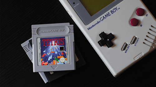 A cartridge for Tetris on the original Game Boy.