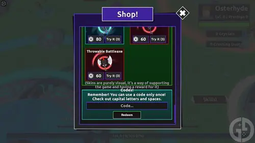 The code redemption screen in Monster Slayer for Roblox