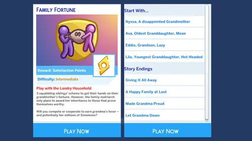 Screenshot showing the Family Fortune scenario in The Sims 4 which arrived in the June Sims Delivery Express