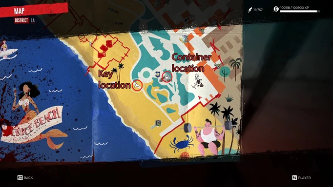 an image of the Dead Island 2 map showing the Officers Lockbox key location