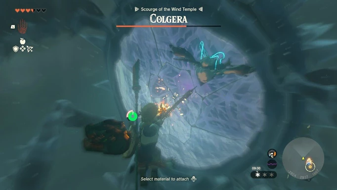 Image shows Link and Tulin firing and arrow into Colgera's weak spot in Zelda: Tears of the Kingdom