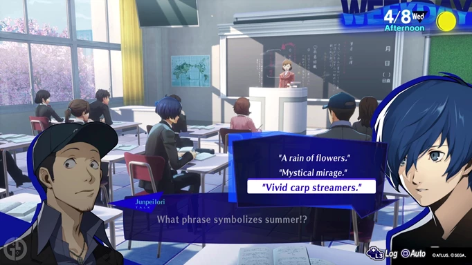 The answer to "What phrase symbolizes summer?" in the first Persona 3 Reload classroom question
