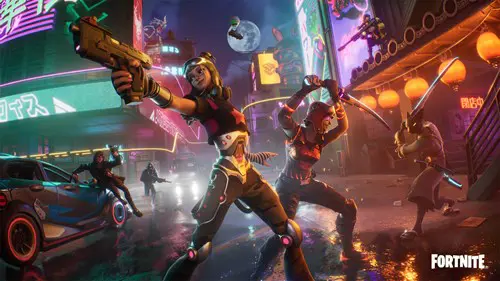 Key art from Fortnite with a character holding a gun and another wielding a sword in front of neon lights