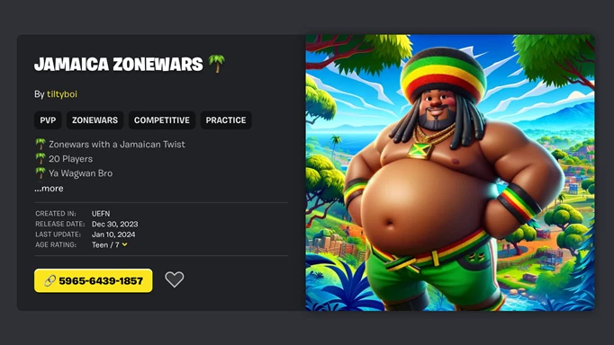 The Fortnite.GG page for Jamaica Zonewars, an example of Fortnite maps using racist AI art.