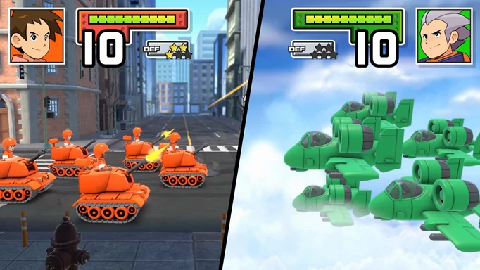 Advance Wars 1+2 Re-Boot Camp review screenshot showing combat between tanks and aircraft