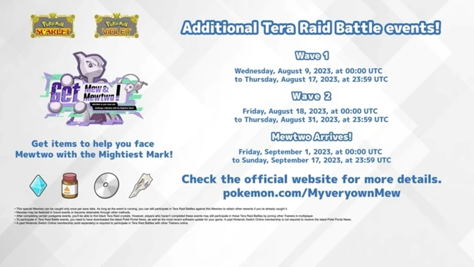 The dates and times for the Mewtwo 7-Star Tera Raid in Pokemon Scarlet & Violet - along with additional Tera Raid Battle events