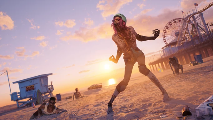 A zombie from Dead Island 2 walking down the beach infront of Santa Monica pier